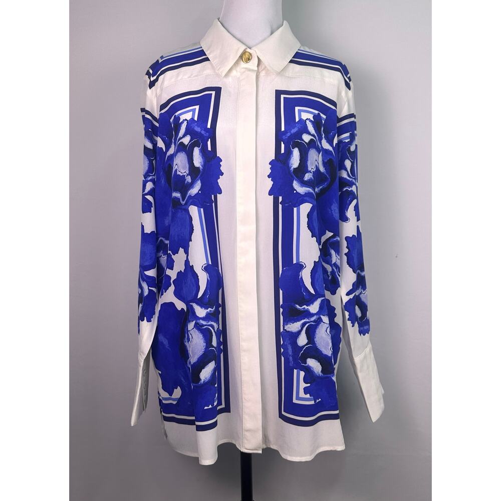 NWOT Aje Atomic 100% Silk Shirt Boldly Blooming Cobalt Floral Blouse Size 8 - Picture 4 of 15